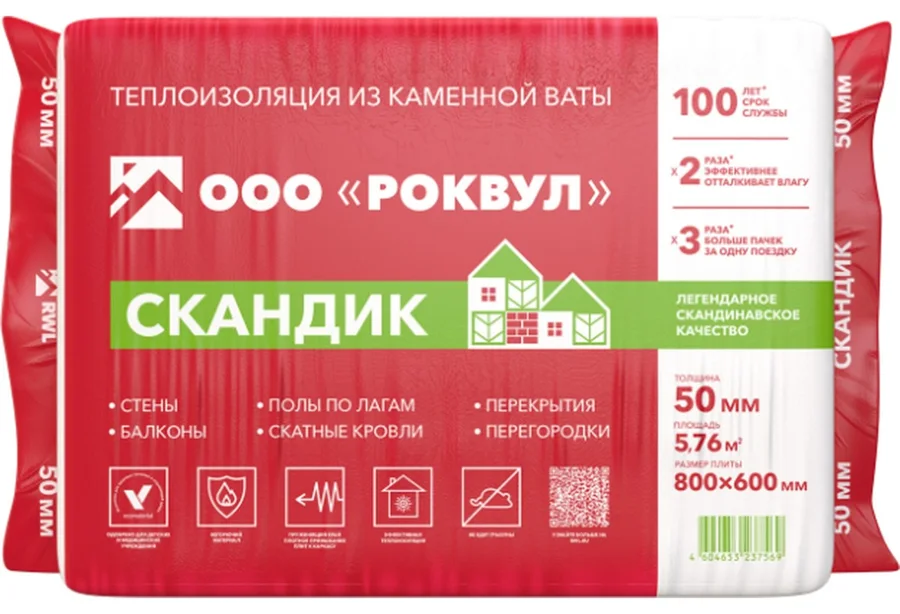 Пример материала: Утеплитель Р-ВУЛ Лайт Баттс Скандик 800х600х50 (12шт/пач. 5,76м2, 0,288м3, 24пач/пал)